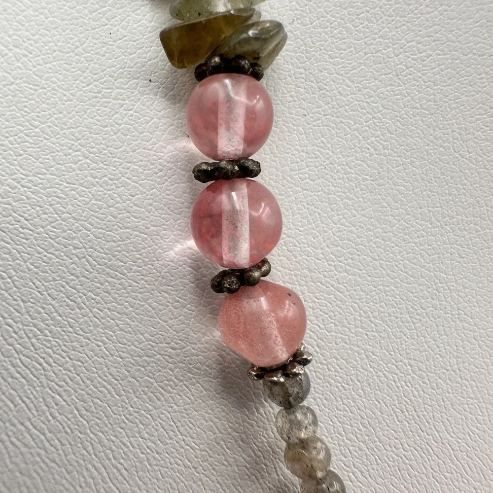 Vintage 90s Strawberry Quartz Labradorite Beaded‎ Necklace Boho Women's Jewelry